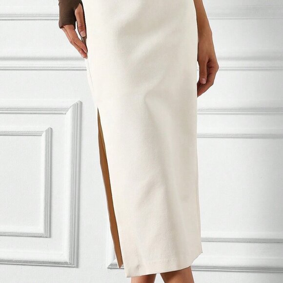 White Elegant Women's Tailored Side Slit Pencil Midi Skirt - Picture 2 of 5